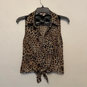 Penelope Pattern Sheer Leopard Print‎ Tie Cropped Y2K Lace Sexy Size Medium